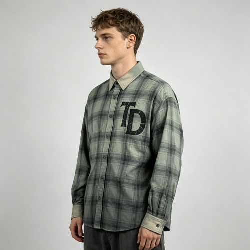 Custom Vintage Streetwear Clothing Spray Dye Plaid Shirt — Washed with Screen Print