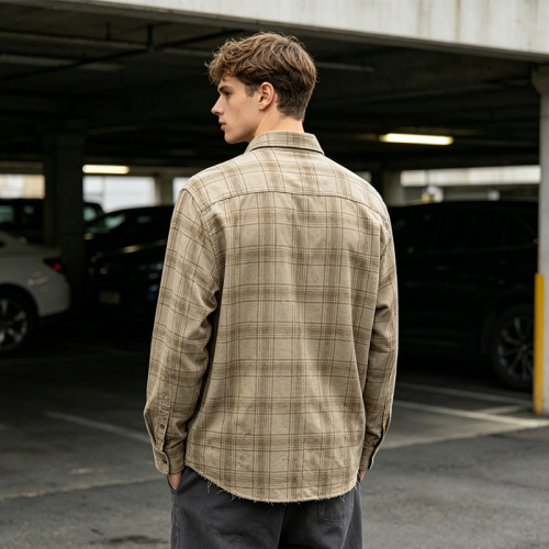 Custom Vintage Streetwear Clothing Chain Stitch Plaid Shirt — Spray Dye with Ripped Details