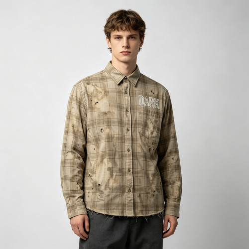 Custom Vintage Streetwear Clothing Chain Stitch Plaid Shirt — Spray Dye with Ripped Details