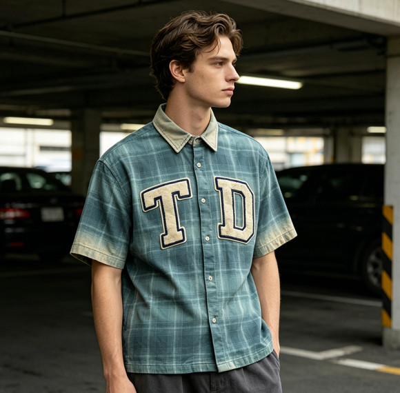 Custom Vintage Streetwear Clothing Patch Embroidery Plaid Shirt — Spray Dye Washed