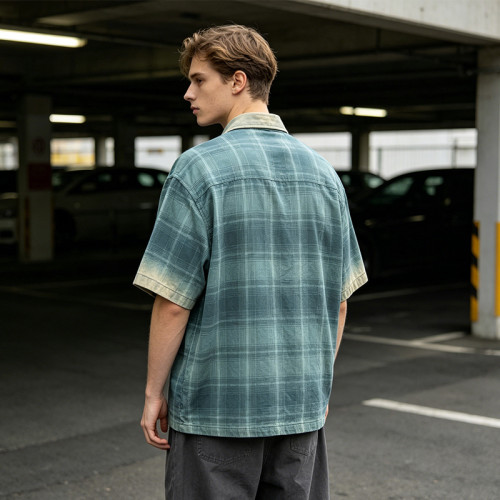 Custom Vintage Streetwear Clothing Patch Embroidery Plaid Shirt — Spray Dye Washed