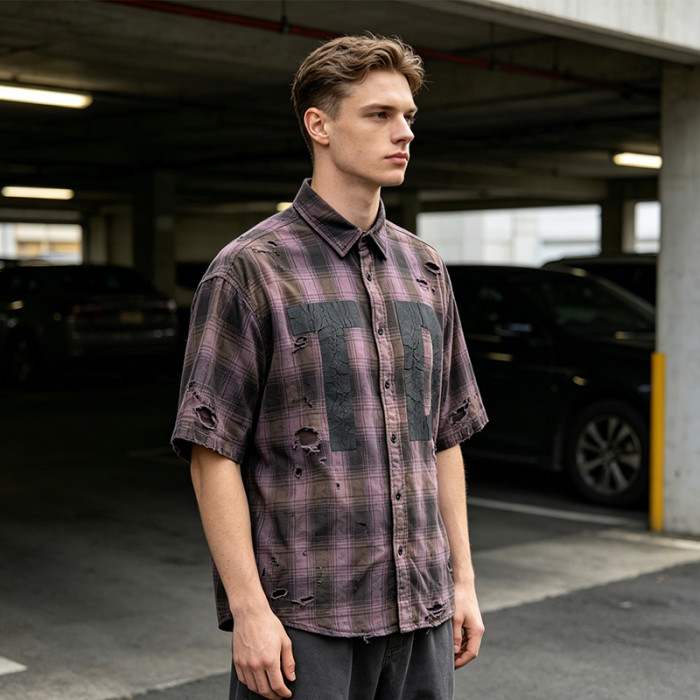 Custom Vintage Streetwear Clothing Crack Print Plaid Shirt — Spray Dye Washed with Tear Details