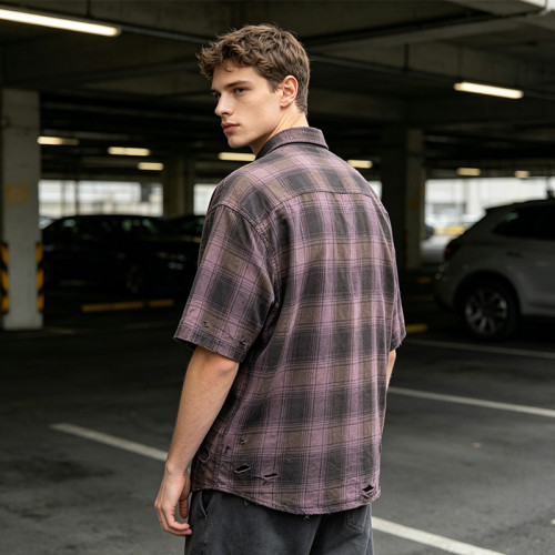 Custom Vintage Streetwear Clothing Crack Print Plaid Shirt — Spray Dye Washed with Tear Details
