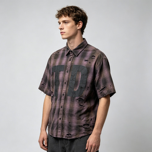 Custom Vintage Streetwear Clothing Crack Print Plaid Shirt — Spray Dye Washed with Tear Details