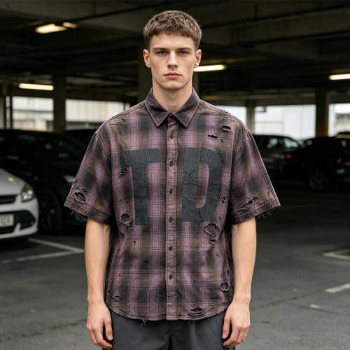 Custom Vintage Streetwear Clothing Crack Print Plaid Shirt — Spray Dye Washed with Tear Details