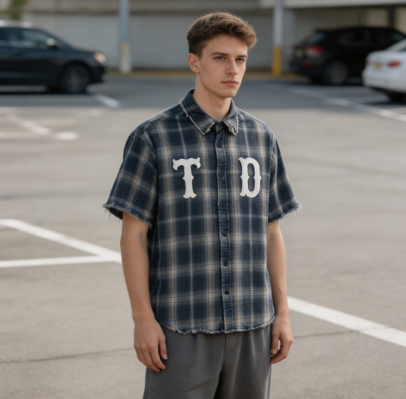 Custom 100% Cotton Vintage Streetwear Clothing Plaid Shirt — Washed with Patch Embroidery & Tear Distressing