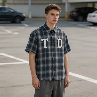 Custom 100% Cotton Vintage Streetwear Clothing Plaid Shirt — Washed with Patch Embroidery & Tear Distressing