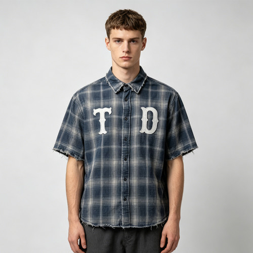 Custom 100% Cotton Vintage Streetwear Clothing Plaid Shirt — Washed with Patch Embroidery & Tear Distressing