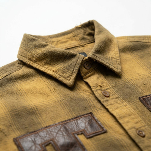 Custom 100% Cotton Vintage Streetwear Clothing Plaid Shirt — Ripped & Tear Distressed with Patch Embroidery