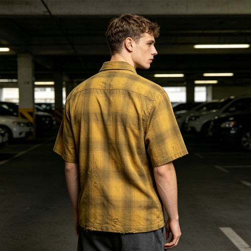 Custom 100% Cotton Vintage Streetwear Clothing Plaid Shirt — Ripped & Tear Distressed with Patch Embroidery