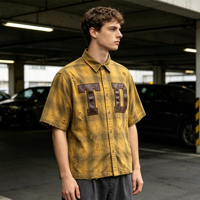 Custom 100% Cotton Vintage Streetwear Clothing Plaid Shirt — Ripped & Tear Distressed with Patch Embroidery