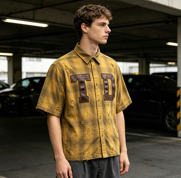 Custom 100% Cotton Vintage Streetwear Clothing Plaid Shirt — Ripped & Tear Distressed with Patch Embroidery