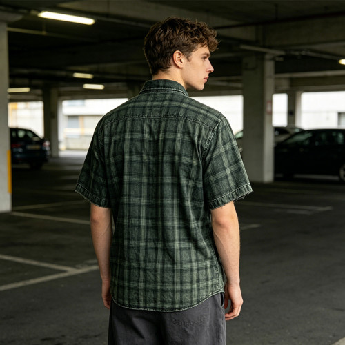 Custom 100% Cotton Vintage Streetwear Clothing Plaid Shirt — Spray Dye Washed with Tear Distressing & Screen Print