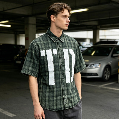 Custom 100% Cotton Vintage Streetwear Clothing Plaid Shirt — Spray Dye Washed with Tear Distressing & Screen Print