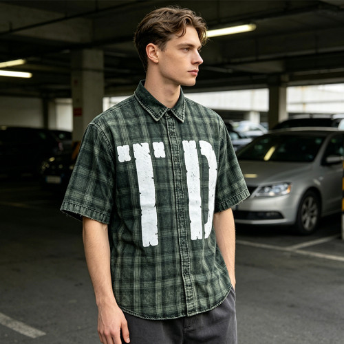 Custom 100% Cotton Vintage Streetwear Clothing Plaid Shirt — Spray Dye Washed with Tear Distressing & Screen Print