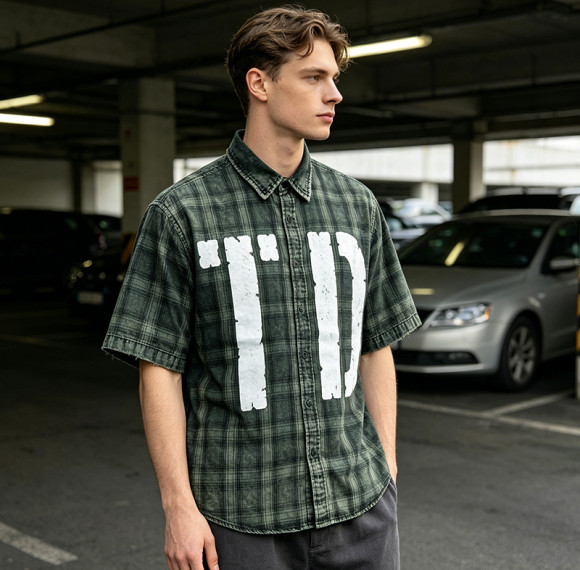 Custom 100% Cotton Vintage Streetwear Clothing Plaid Shirt — Spray Dye Washed with Tear Distressing & Screen Print
