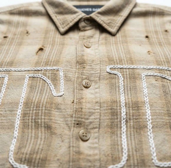Custom 100% Cotton Vintage Streetwear Clothing Plaid Shirt — Ripped Details with Chain Stitch Embroidery