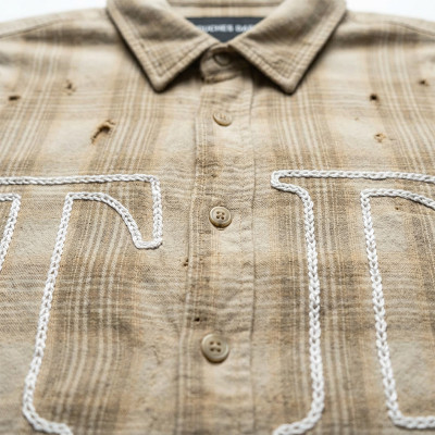 Custom 100% Cotton Vintage Streetwear Clothing Plaid Shirt — Ripped Details with Chain Stitch Embroidery
