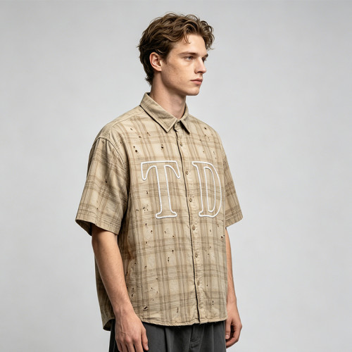 Custom 100% Cotton Vintage Streetwear Clothing Plaid Shirt — Ripped Details with Chain Stitch Embroidery