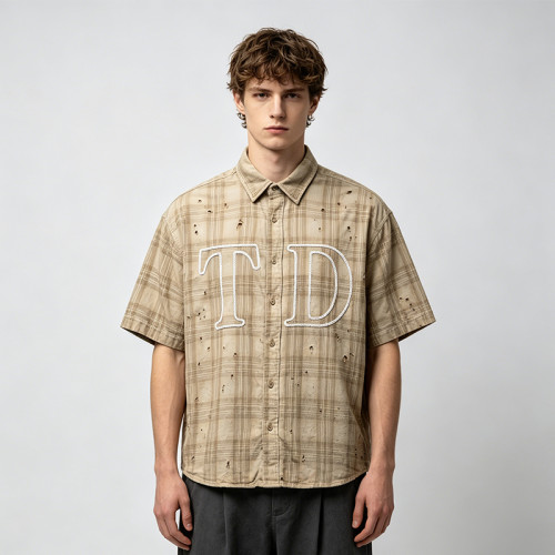 Custom 100% Cotton Vintage Streetwear Clothing Plaid Shirt — Ripped Details with Chain Stitch Embroidery