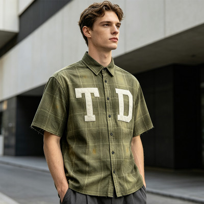 Custom 100% Cotton Vintage Streetwear Clothing Plaid Shirt — Spray Dye Washed with Patch Embroidery & Tear Distressing