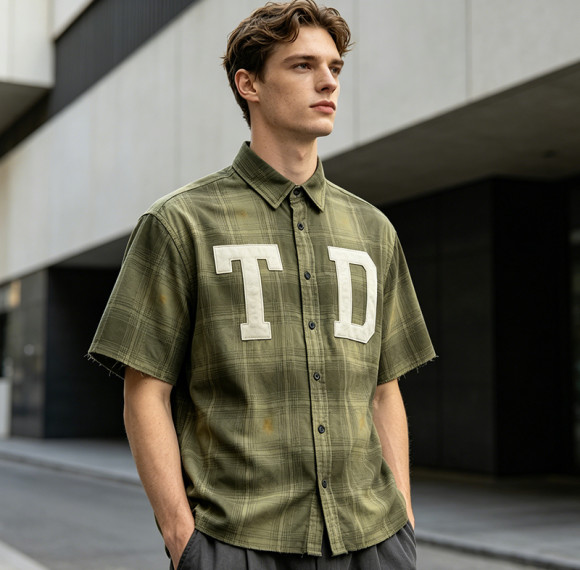 Custom 100% Cotton Vintage Streetwear Clothing Plaid Shirt — Spray Dye Washed with Patch Embroidery & Tear Distressing