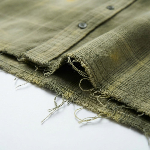 Custom 100% Cotton Vintage Streetwear Clothing Plaid Shirt — Spray Dye Washed with Patch Embroidery & Tear Distressing