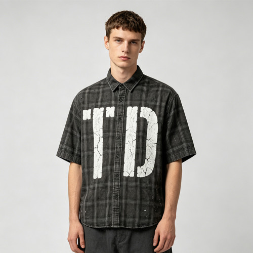 Custom 100% Cotton Vintage Streetwear Clothing Plaid Shirt — Screen Print with Splatter Effect & Ripped Holes