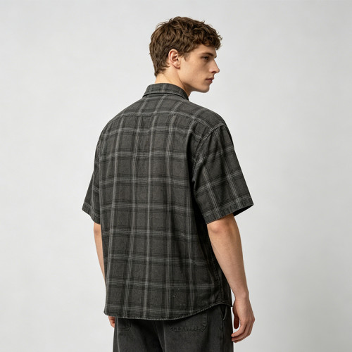 Custom 100% Cotton Vintage Streetwear Clothing Plaid Shirt — Screen Print with Splatter Effect & Ripped Holes