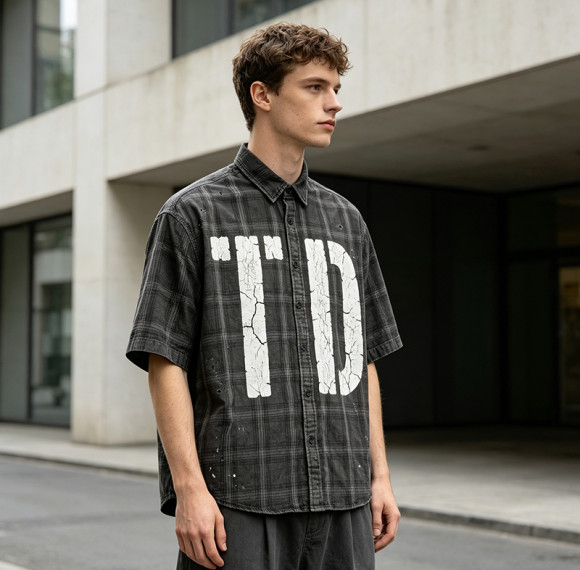 Custom 100% Cotton Vintage Streetwear Clothing Plaid Shirt — Screen Print with Splatter Effect & Ripped Holes