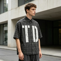 Custom 100% Cotton Vintage Streetwear Clothing Plaid Shirt — Screen Print with Splatter Effect & Ripped Holes