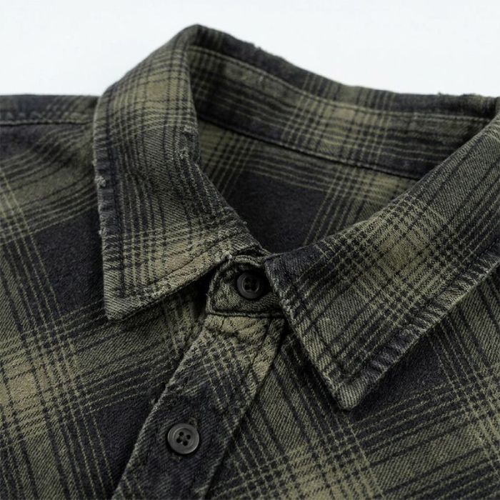 Custom 100% Cotton Vintage Plaid Shirt — Garment Wash with Distressed Details & Rivet Accents