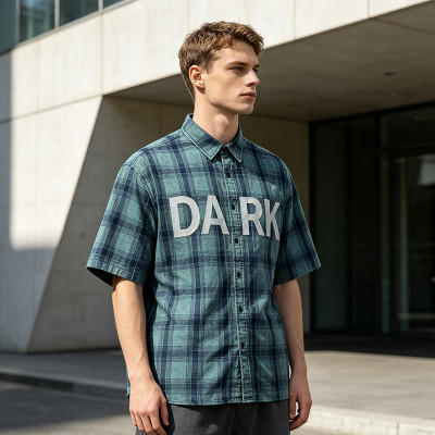 Custom 100% Cotton Vintage Plaid Shirt — Garment Wash with Screen Print & Distressed Details
