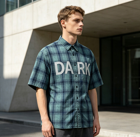 Custom 100% Cotton Vintage Plaid Shirt — Garment Wash with Screen Print & Distressed Details