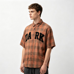 Custom 100% Cotton Vintage Plaid Shirt — Spray Dye with Patch Embroidery & Distressed Details