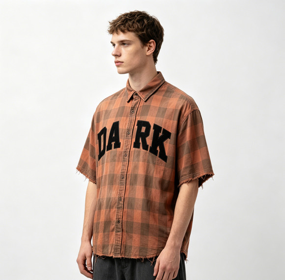 Custom 100% Cotton Vintage Plaid Shirt — Spray Dye with Patch Embroidery & Distressed Details