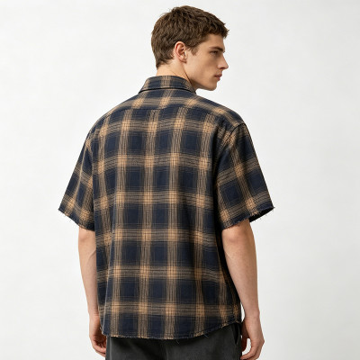Custom 100% Cotton Vintage Plaid Shirt — Ripped Holes with Patch Embroidery & Rhinestone Details