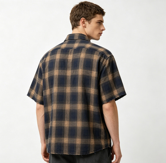 Custom 100% Cotton Vintage Plaid Shirt — Ripped Holes with Patch Embroidery & Rhinestone Details