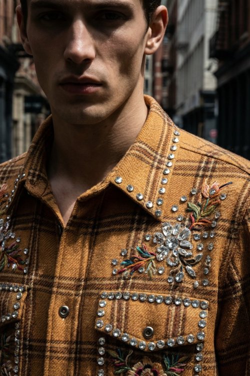 Custom 100% Cotton Vintage Plaid Shirt — Ripped Holes with Patch Embroidery & Rhinestone Details