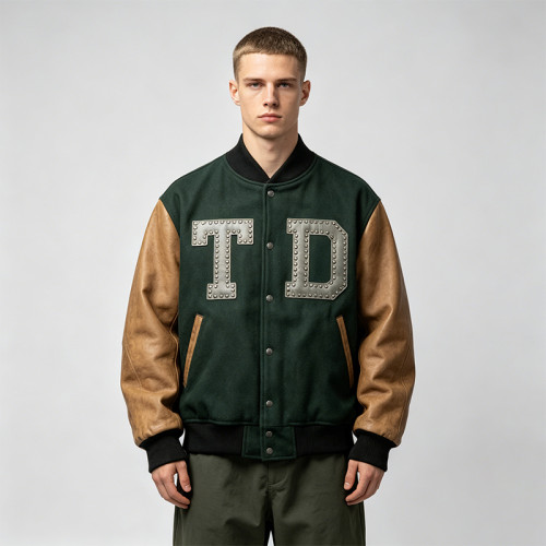 Custom Vintage Baseball Jacket — PU Leather Spliced with Leather Patch Embroidery & Rivet Details