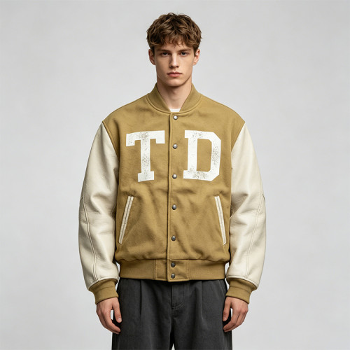 Custom Vintage Baseball Jacket PU Leather Spliced with Screen Print