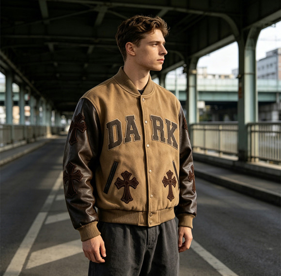 Custom Vintage Baseball Jacket PU Leather Spliced Patch Embroidery
