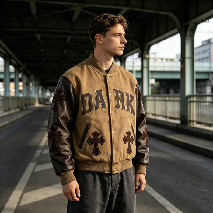 Custom Vintage Baseball Jacket PU Leather Spliced Patch Embroidery
