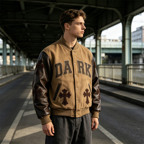 Custom Vintage Baseball Jacket PU Leather Spliced Patch Embroidery