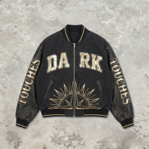 Washed Applique Screen Print Patchwork Varsity Jacket | PU Sleeve Color Block Crackle Gold Letter | OEM Streetwear