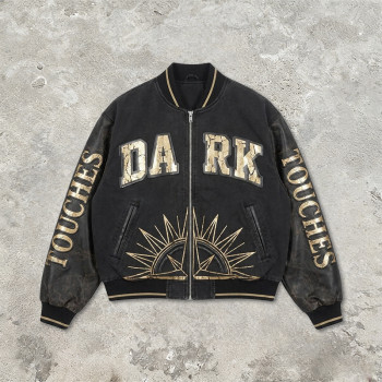 Washed Applique Screen Print Patchwork Varsity Jacket | PU Sleeve Color Block Crackle Gold Letter | OEM Streetwear