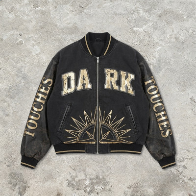 Washed Applique Screen Print Patchwork Varsity Jacket | PU Sleeve Color Block Crackle Gold Letter | OEM Streetwear
