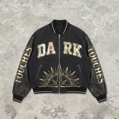 Washed Applique Screen Print Patchwork Varsity Jacket | PU Sleeve Color Block Crackle Gold Letter | OEM Streetwear