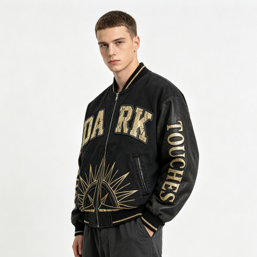 Washed Applique Screen Print Patchwork Varsity Jacket | PU Sleeve Color Block Crackle Gold Letter | OEM Streetwear