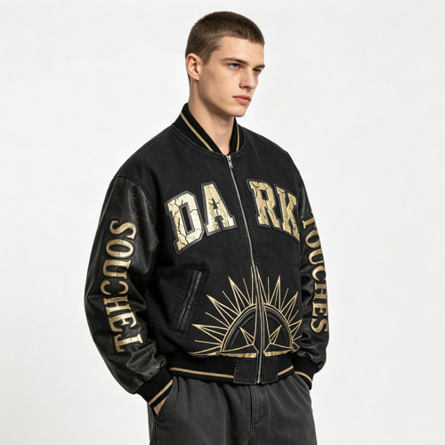 Washed Applique Screen Print Patchwork Varsity Jacket | PU Sleeve Color Block Crackle Gold Letter | OEM Streetwear
